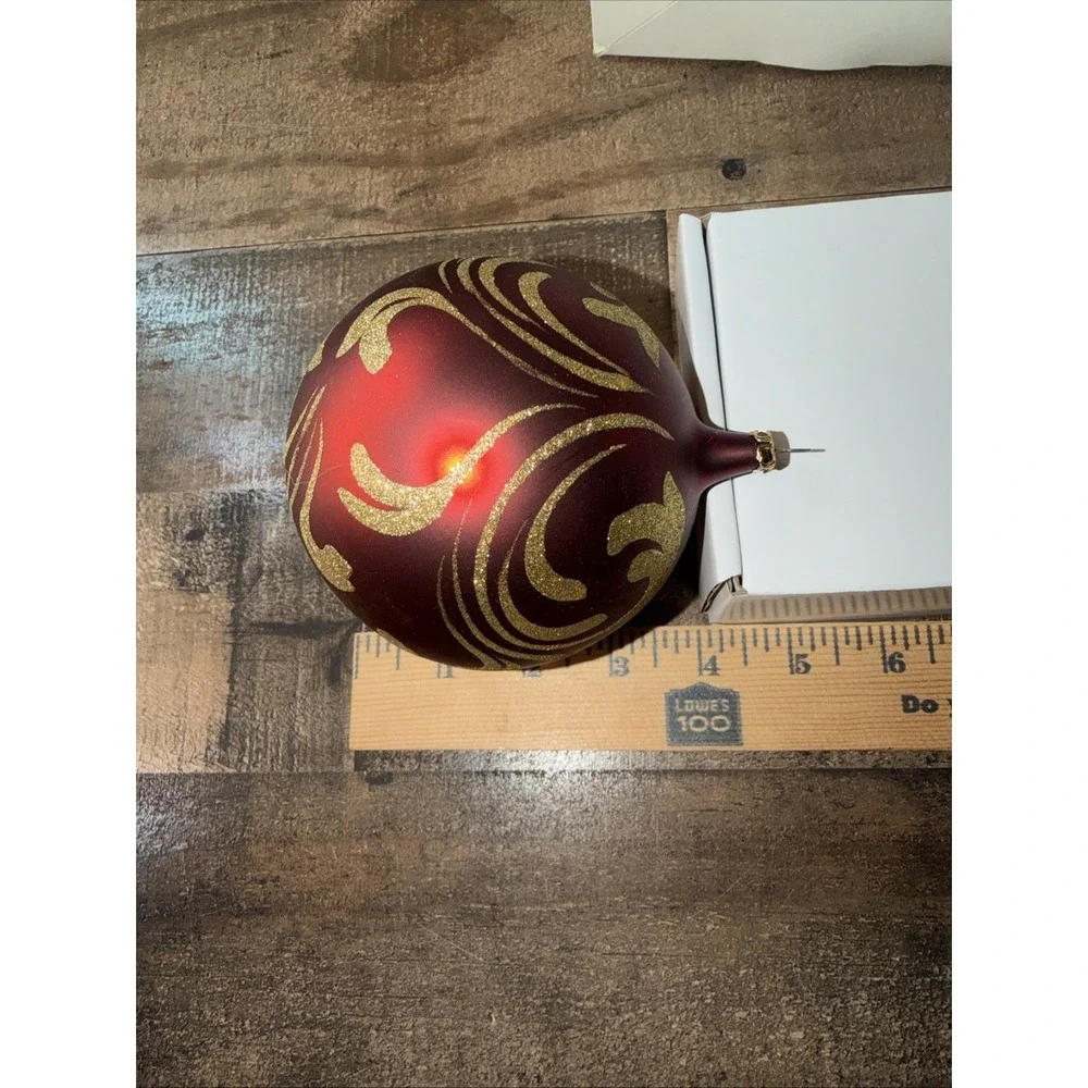 Christmas Ornaments Set of 4 Glitter Red & Gold,  3 Teardrop Swirls Blown Glass